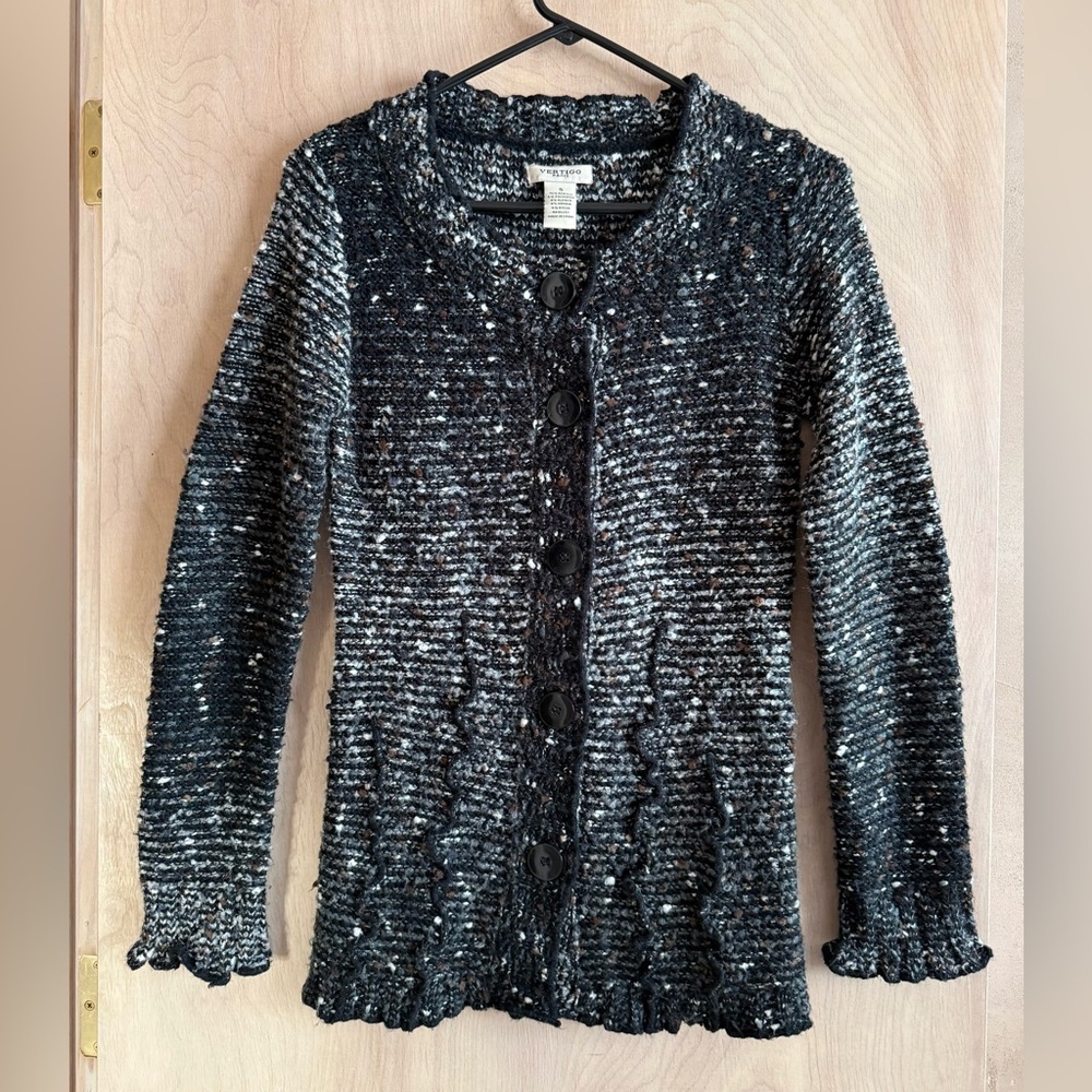 Vertigo Paris Ruffle Detail Cardigan Black White Speckled Button Up Women’s S